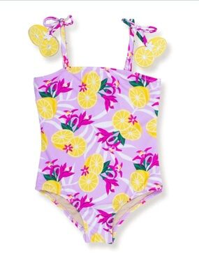 Shade Critters Vibrant Lemon Print Kids One Piece Swimsuit - Purple and Yellow 6